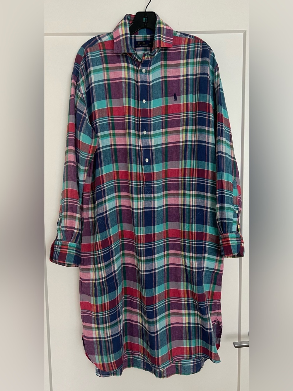 Polo Ralph Lauren Multicolor Madras Plaid Long-Sleeve Linen Shirt Dress Size 10